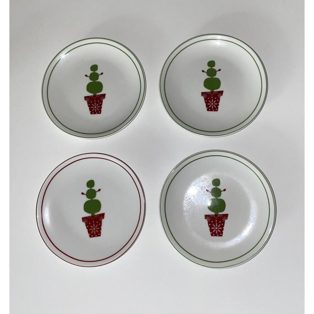 STARBUCKS HOLIDAY 2006 CHRISTMAS TOPIARY SNOWMAN TREE APPETIZER PLATES Set Of 4